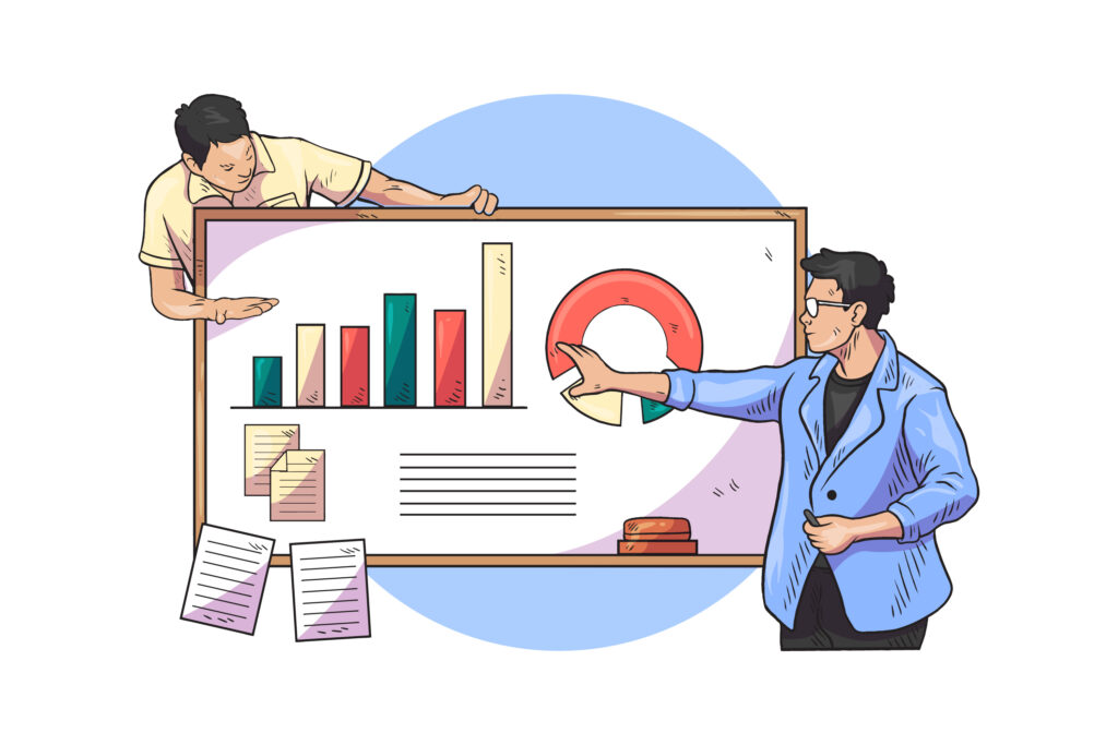 A manager explaining the dashboard and report on a chart whle a person sneak peaks it