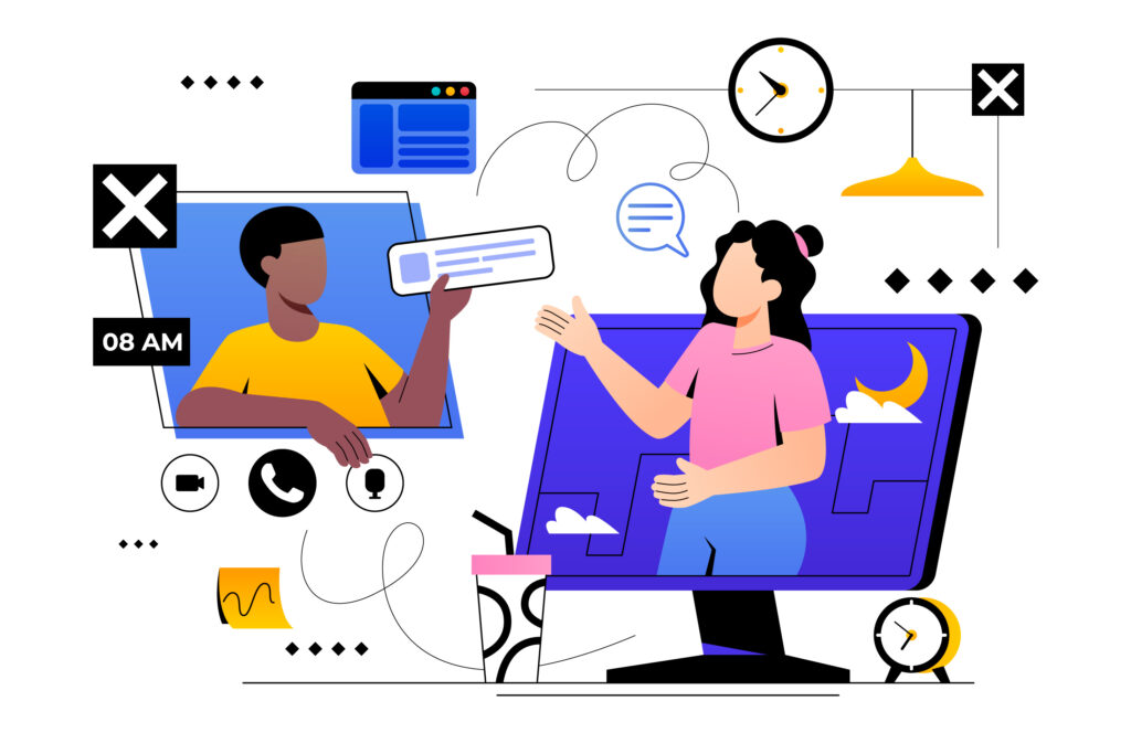 two remote workers popping out from the screen and talking to each other