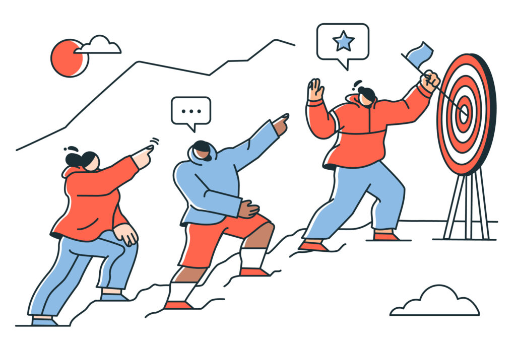 three person climb uphill and achieve the mission