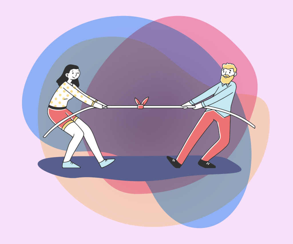 Woman and man pulling rope flat vector illustration
