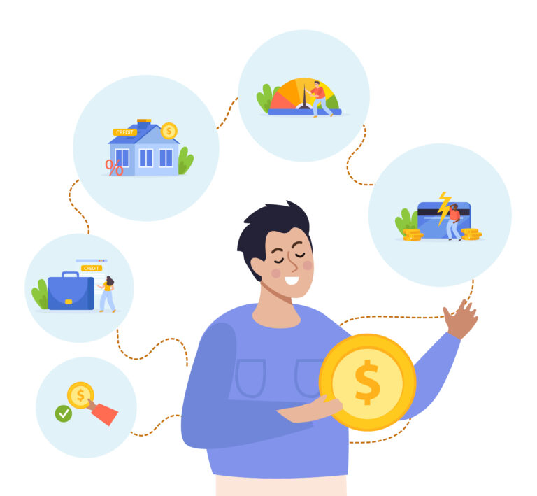 male character holding coin surrounded by round compositions of financial icons