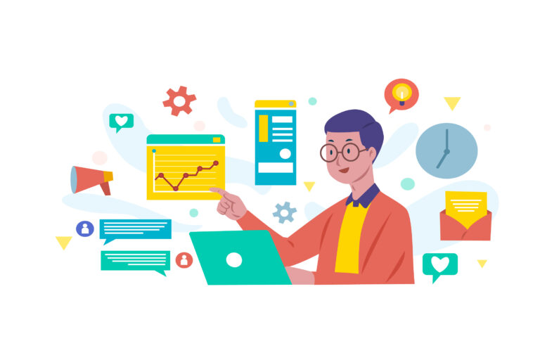 Man sitting in front of the system. Chat, graphs and setting icons floating around him