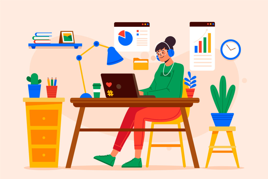 A lady in front of computer spending time on reports and analytics
