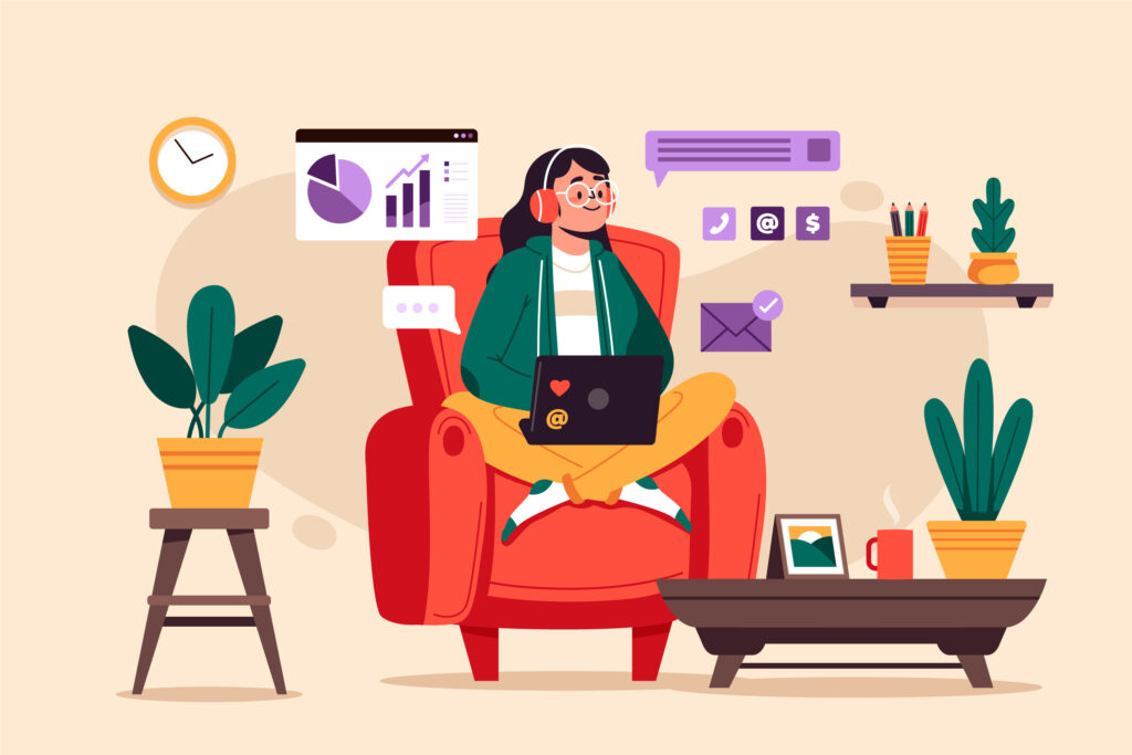 A lady sitting on a sofa with laptop with all elements like graph, notifications