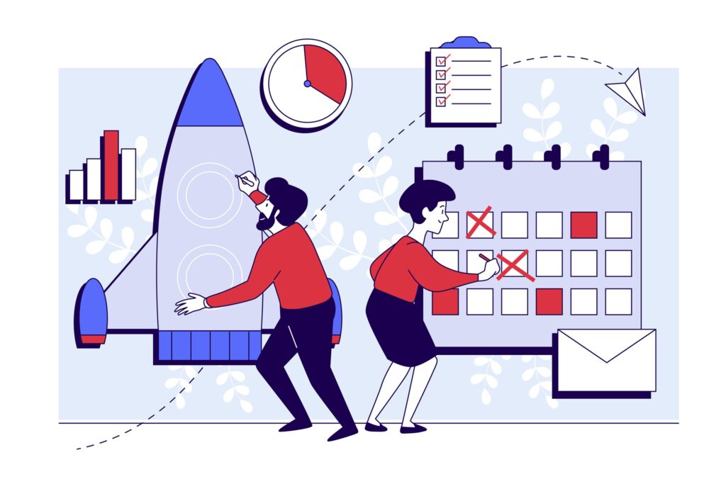 A man is working on he tool that looks like rocket while the lady is doing a checklist. Tools like notepad and pie chart are there in backgroun