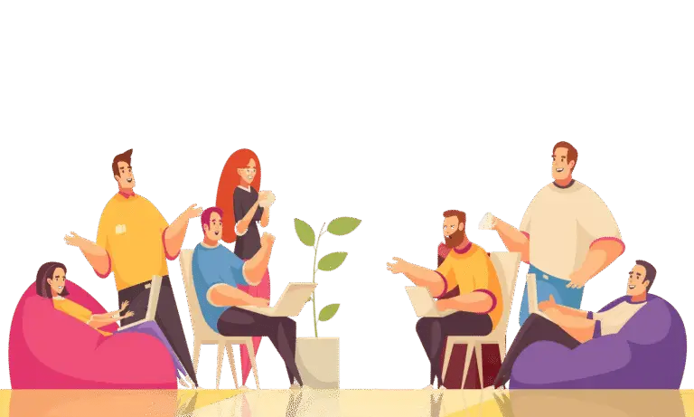 Group of employees discuss business in open space