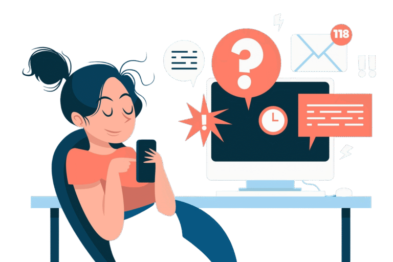 A lady sitting tired with too many notifications popping out from the system
