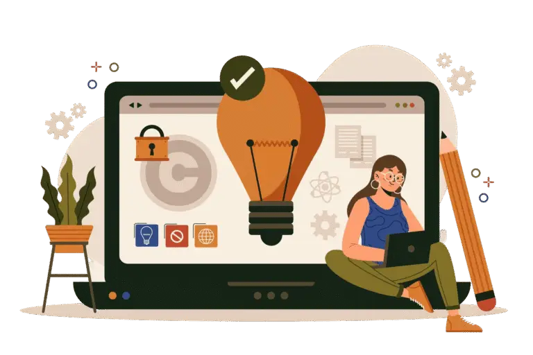 Woman sitting with laptop and ideas in the form of bulb