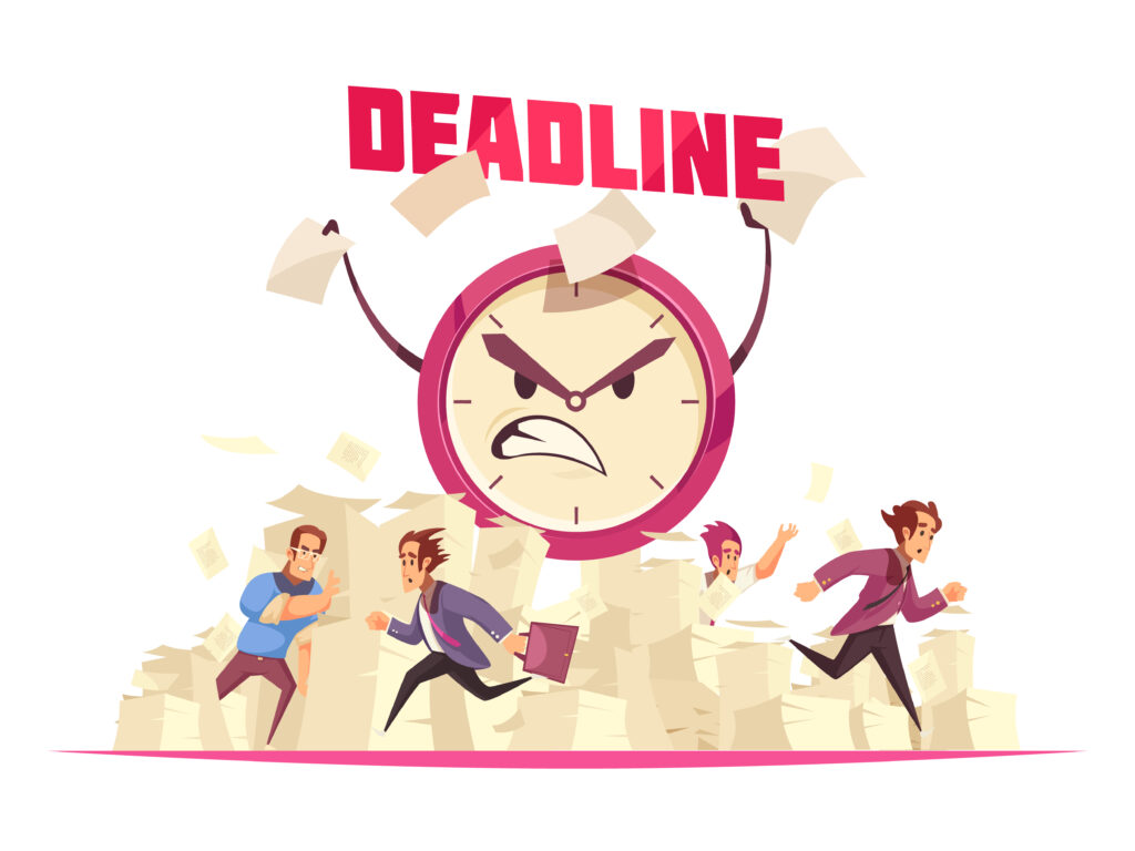 Cartoon of stressed employees running from an angry clock labeled “Deadline,” symbolizing project delays and incomplete tasks.