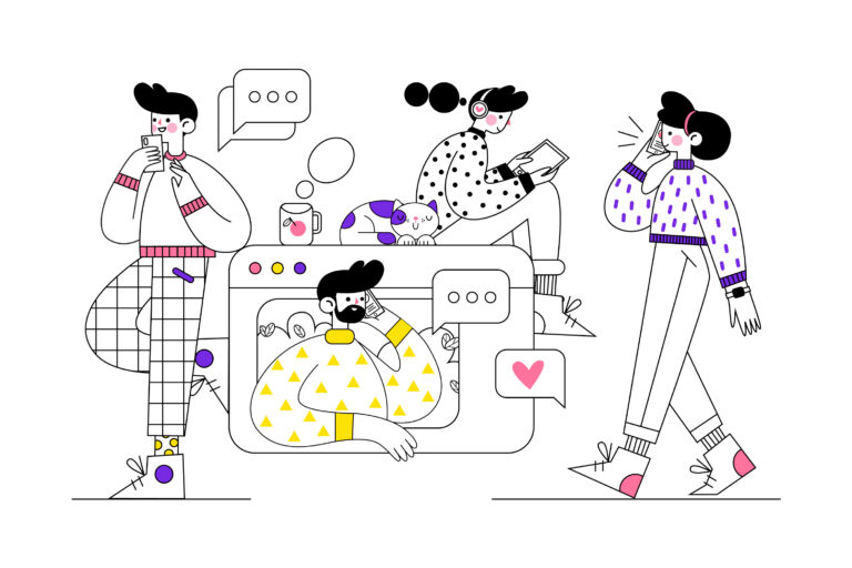 Illustration of remote team members communicating through phones, video calls, and digital devices, depicting a flexible work culture and virtual collaboration with diverse characters and speech bubbles.