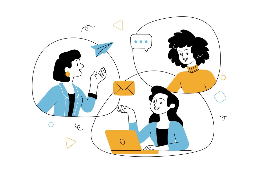 Illustration of three team members communicating through chat, email, and paper planes, representing workplace collaboration and effective team communication.