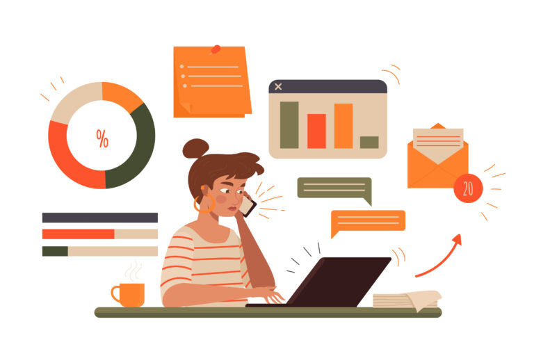 Lady multitasking with distress