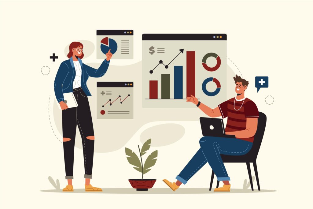 a lady(looks like consultant) and man analyzing growth chart