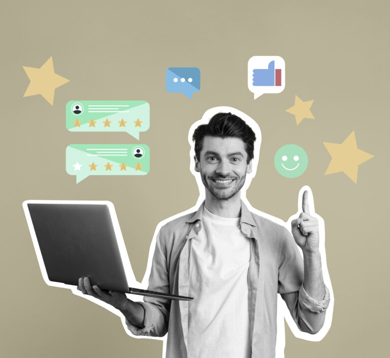 A customer agent with laptop points to elements like thumbs up, chat and star ratings