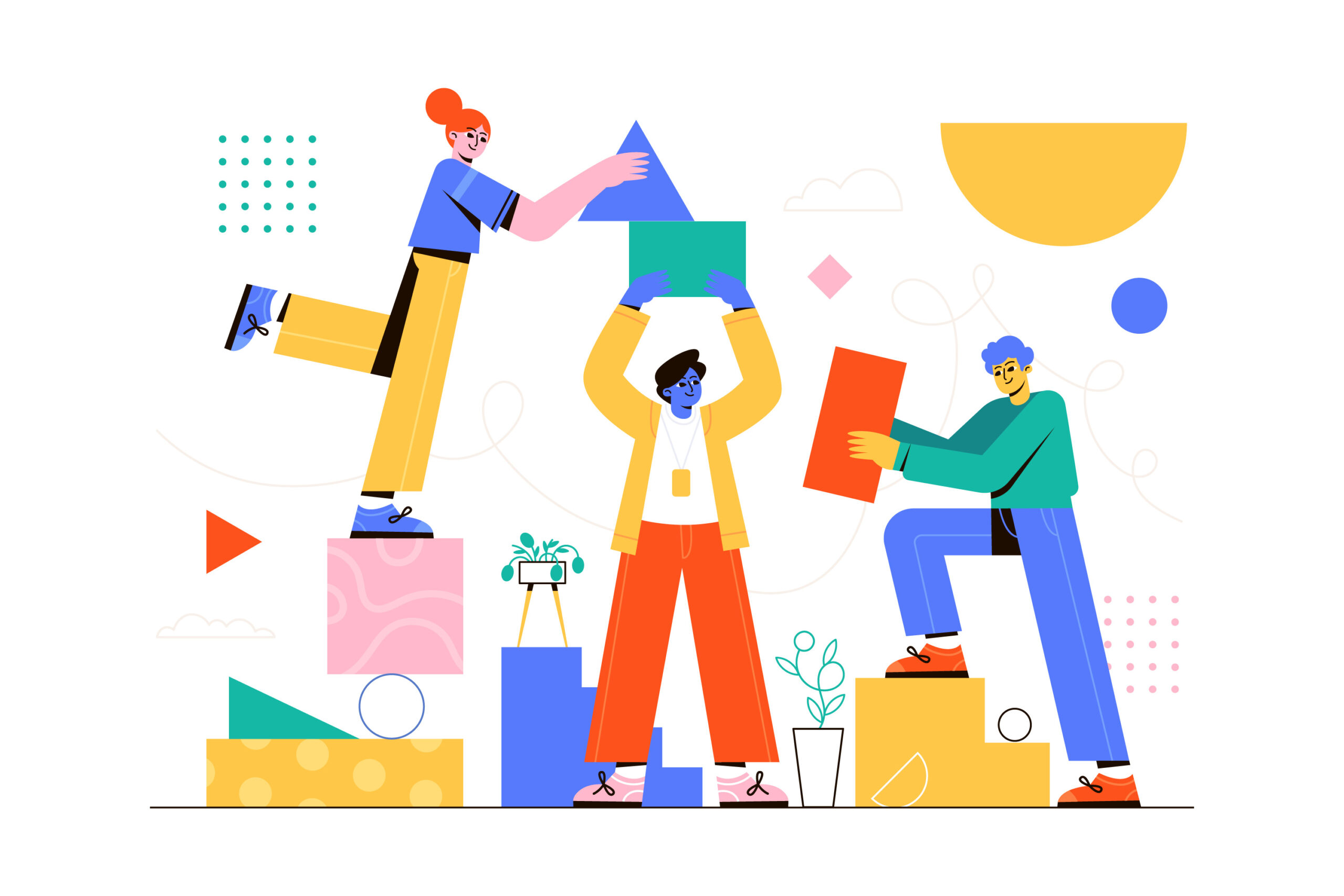 Illustration of a diverse team collaborating by stacking shapes together, symbolizing collaboration in project management between teams working toward a shared project goal.