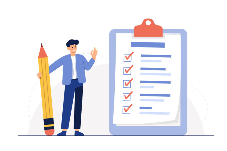 Illustration of a professional standing next to a checklist, representing how traditional to-do lists dominate daily work in agencies without improving focus.