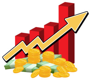 Illustration showing increasing agency project ROI with rising bar chart, upward arrow, and stacked coins representing profitable project management.