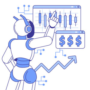 Illustration of an AI assistant analysing project performance charts and financial metrics, representing AI-driven forecasting, reporting, and project profitability.