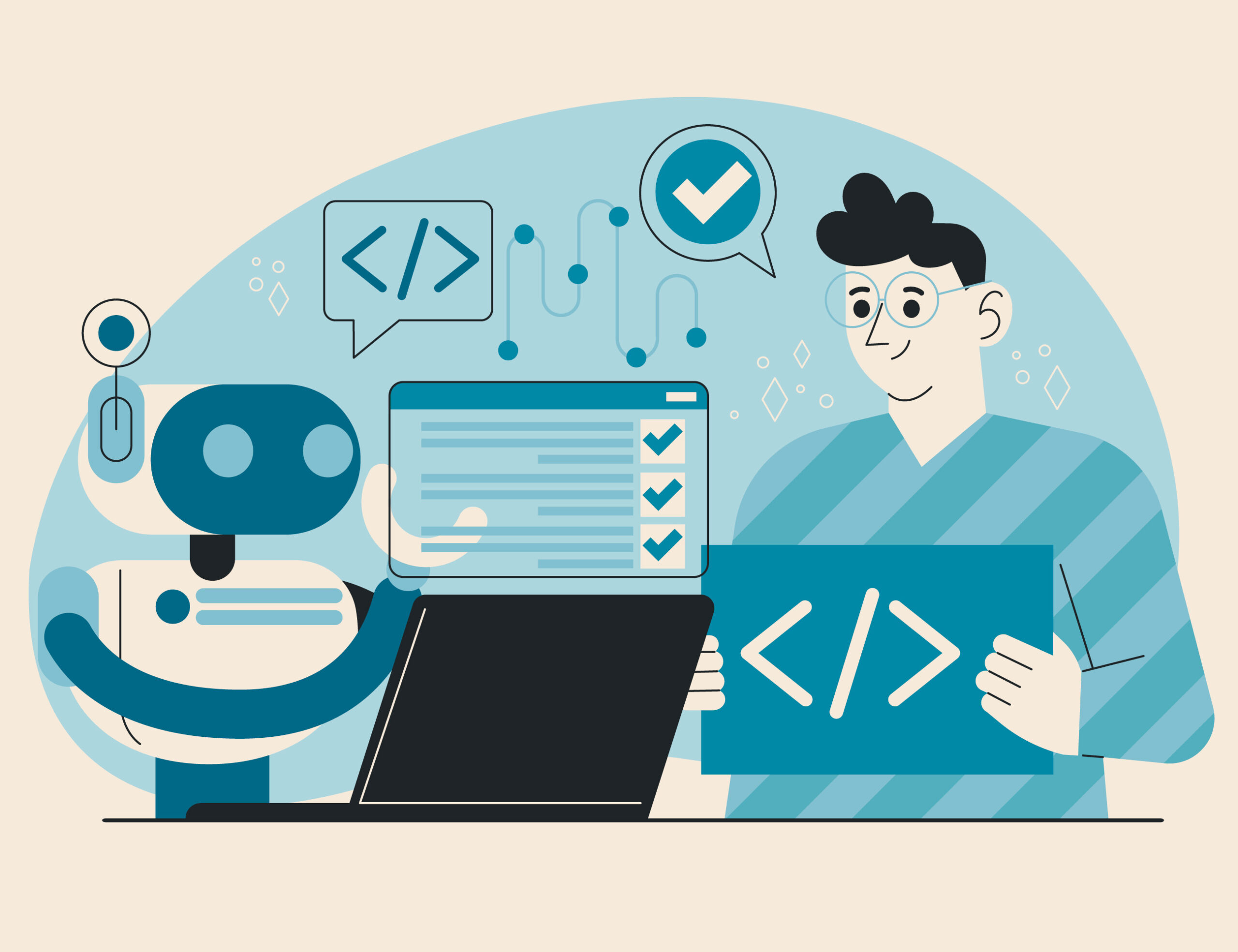 Illustration of an AI assistant, representing AI-powered project management, automation, and smarter decision-making.