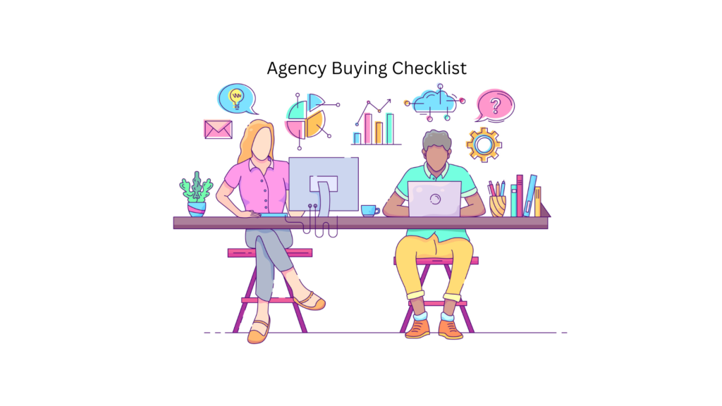 Two marketing professionals working at a shared desk with floating icons representing creative ideas, cloud storage, data charts, and technical settings.