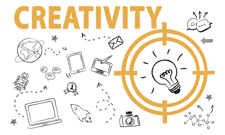 A hand-drawn doodle illustration featuring the word "CREATIVITY" in orange. The graphic shows a lightbulb inside an orange target surrounded by sketches of a globe, robot, laptop, rocket, and digital devices connected by dashed lines.