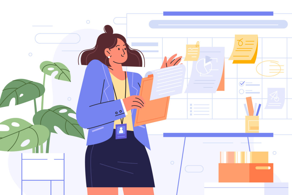 A flat-style illustration of a professional woman in a blue blazer standing in an office, holding a clipboard and reviewing documents in front of a large project management planning board with sticky notes and charts.