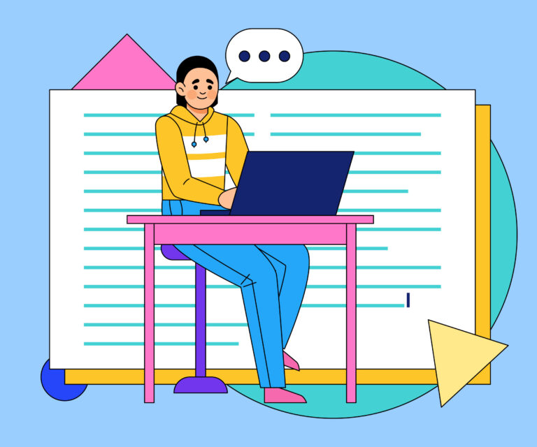 A colorful flat-line illustration of a digital Statement of Work (SOW) scroll on a computer screen surrounded by project management tools, a signature line, and office decor, representing professional service delivery.