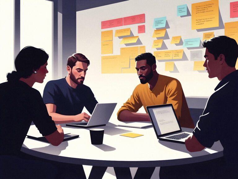 Agency team collaborating on a project using laptops, reviewing tasks, timelines, and client requirements in a planning meeting