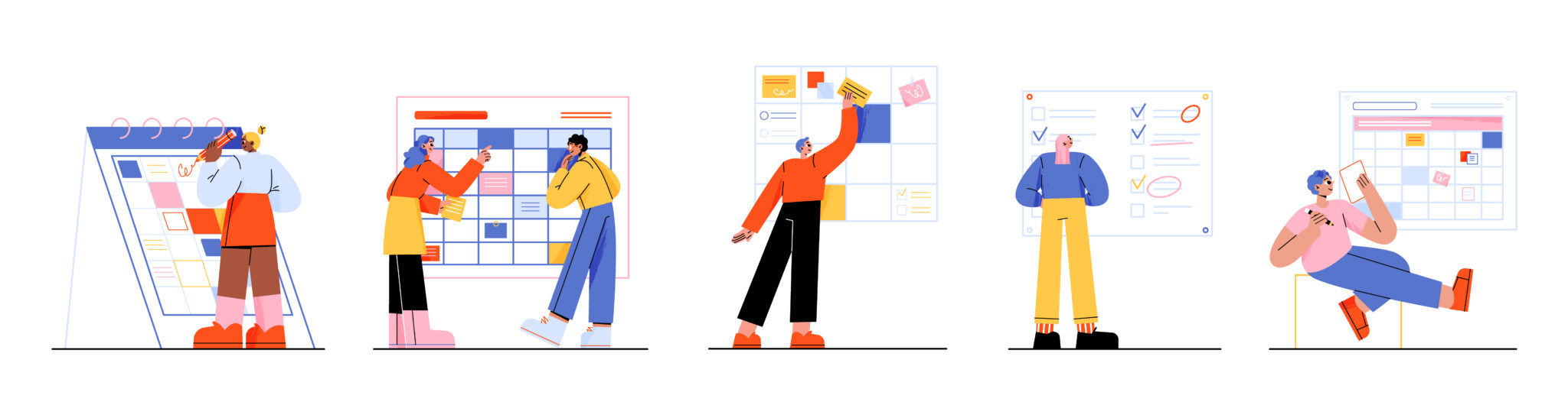 n illustration showing five diverse digital marketing professionals using visual project management tools including a large calendar, a Kanban board, a task checklist, and sticky notes to organize agency campaigns.