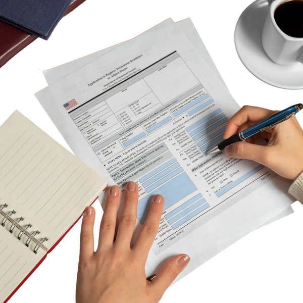 A top-down view of a person's hands using a blue pen to sign or fill out a formal multi-page document on a white desk, accompanied by a cup of black coffee and an open spiral notebook.